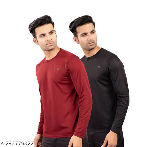 Men's regular fit full sleeve polyester t-shirt, long sleeves, printed design on display for sports, gym, and casual uses. Available in sizes S(39"), M(41"), L(43"), XL(45"). Made with moisture-wicking, breathable, ultra-soft, flexible, quick-dry, wrinkle-free fabric. Product color may vary due to display type. Origin: India