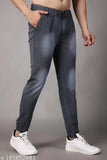 Dyed/washed grey denim joggers for men by Zaysh, size 28-36. Comfortable and stylish denim jeans on model