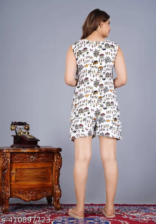 Stylish white rayon short nightsuit, printed ethnic design for women and girls, perfect for work or rest at home, Indian origin