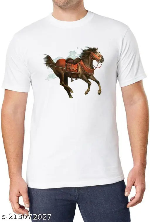 Horse printed white cotton blend t-shirt, short sleeves, ideal for casual wear