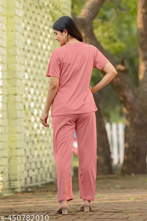 Peach & marun color women's cotton nightdress, soft polycotton top & bottom for everyday comfort and sleepy time wear