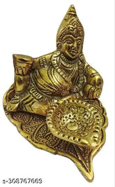 Metal Kubera Statue with oil lamp, gold-toned God idol for prosperity and wealth, temple decor, Indian religious home decor