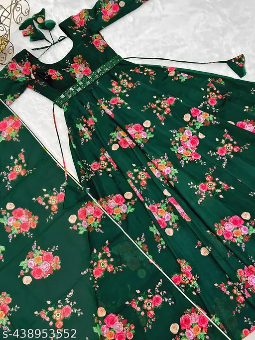 Floral Georgette kurta gown, trending casual partywear for women and girls with dupatta, three-quarter sleeves