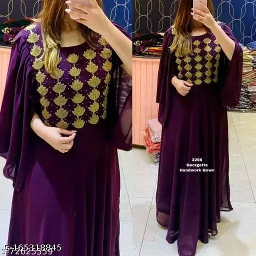 Georgette gown kurti with hand embroidered, single-colored three-quarter sleeve Indian outfit, S (38in/48in) & M (40in/48in) sizes