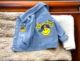 Blue denim jacket for kids, printed with cute design, size 3-4 years (India origin)