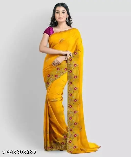 Yellow Pink Syclon Silk Net Zari Embroidery Saree with separate Bangalore silk blouse, showcasing intricate mirror work and embroidery on Indian-made free size saree (5.5m length, 0.8m blouse length)