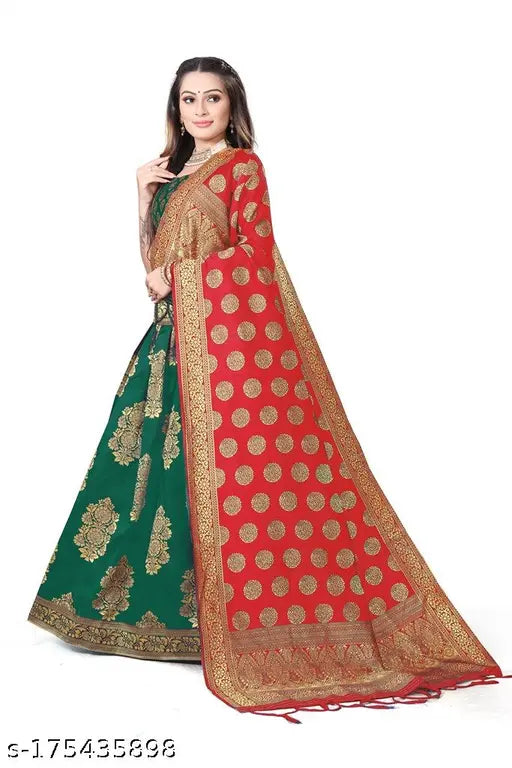 Art Silk Lehenga and matching Banarasi Jacquard Blouse, heavy brocade fabric, traditional Indian bridal wear for women aged 13-16 years