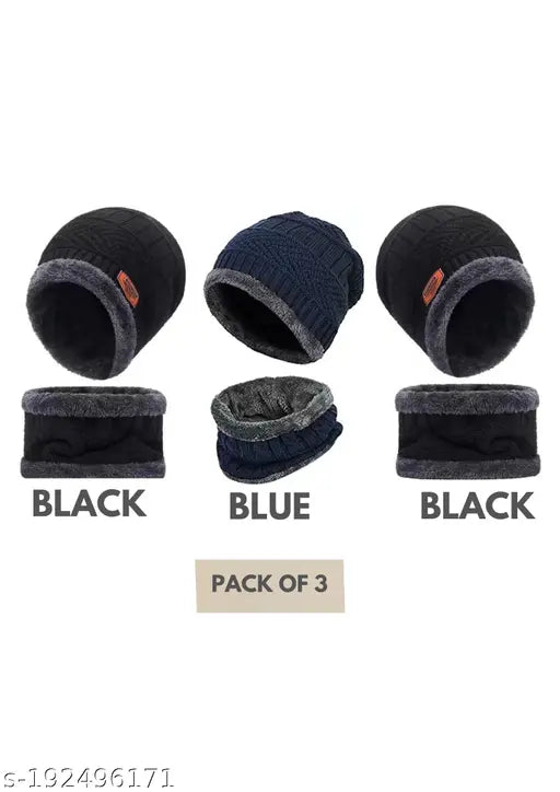 Blue and Black Arcylic Winter Woolen Cap & Neck Warmer Combo Pack of 3 - Thick, fleece-lined, warm hats for men