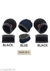 Blue-black arcylic winter woolen cap combo (pack of 3) - thick acrylic knit balaclava for cold weather