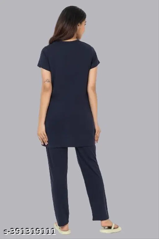 Navy cotton women's night suit with beautiful print, round neck design, premium quality cotton, available in sizes L-5XL, made in India