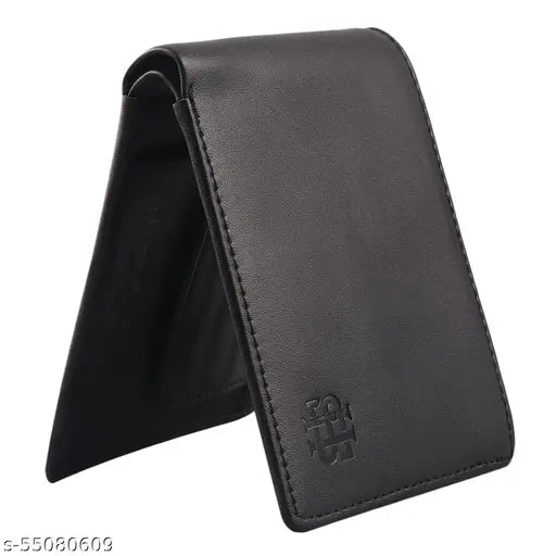 Attractive Men Black faux leather bi-fold wallet with textured pattern, 2 card slots, coin pocket, ID/photo window, and currency compartments. Indian-made men's accessory