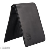 Attractive Men Black faux leather bi-fold wallet with textured pattern, 2 card slots, coin pocket, ID/photo window, and currency compartments. Indian-made men's accessory