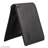 Attractive Men Black faux leather bi-fold wallet with textured pattern, 2 card slots, coin pocket, ID/photo window, and currency compartments. Indian-made men's accessory