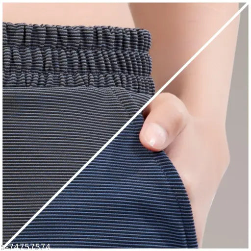 Women's striped polycotton track pants combo - dark grey & navy blue, comfortable lounge wear with side pockets and elastic waistband