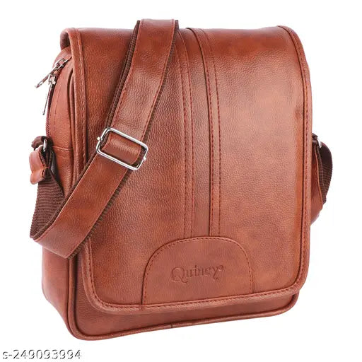 Faux leather sling bag, stylish men's crossbody bag by Quincy, features adjustable strap and 3 compartments