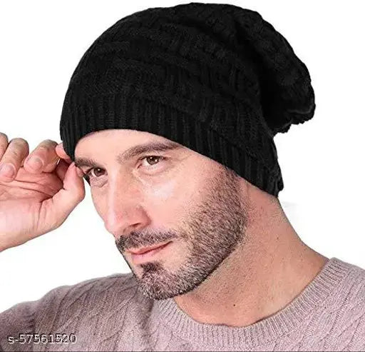 Black woolen bucket cap with fur lining, thermal spun acrylic knit for warmth and comfort, ideal for outdoor activities like skiing, snowboarding, camping, and hiking. Unique wrinkled design for a stylish fit with most outfits. Hand wash only. Made in India