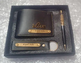 Black faux leather men's wallet combo with keychain and personalized pen, perfect gifting for special occasions