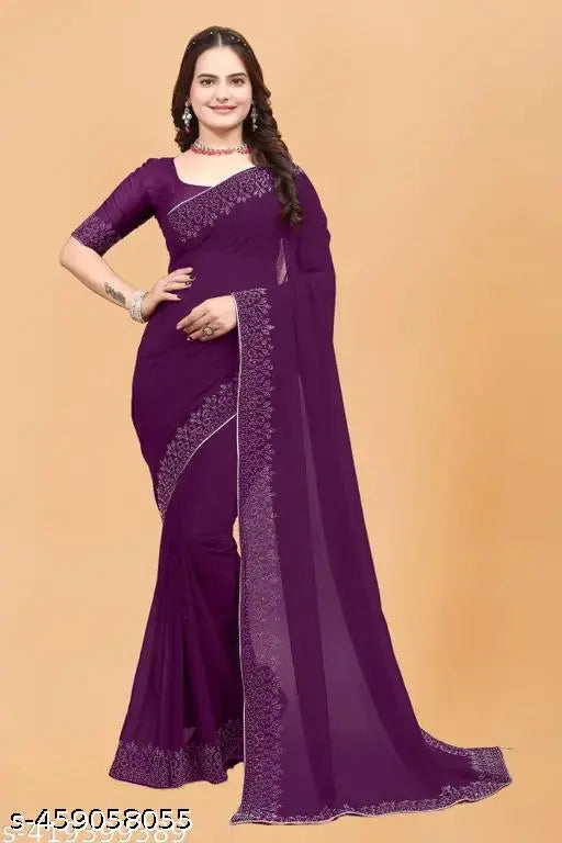Georgette Diamond work Traditional Fancy Wedding Saree with attached lace blouse, enhances party and festival look