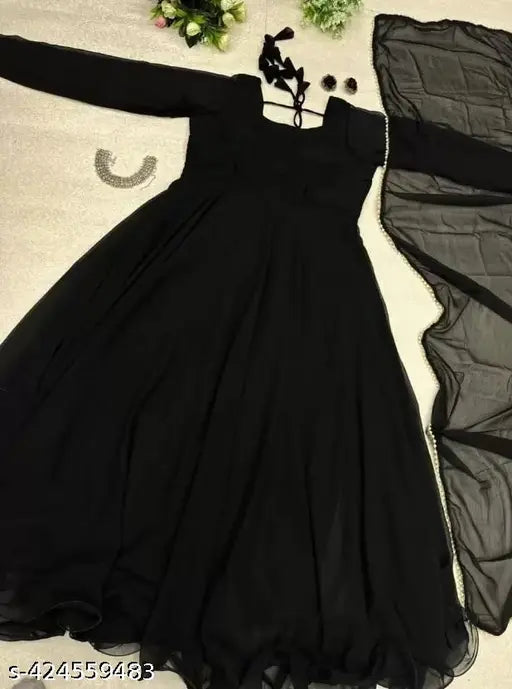 Black georgette maxi anarkali bridal gown, long sleeves, solid net, size M for women's ethnic wear party or engagement event