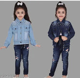 Denim kids jacket in light and dark colors, long sleeve design for 5-12 years, Indian craftsmanship