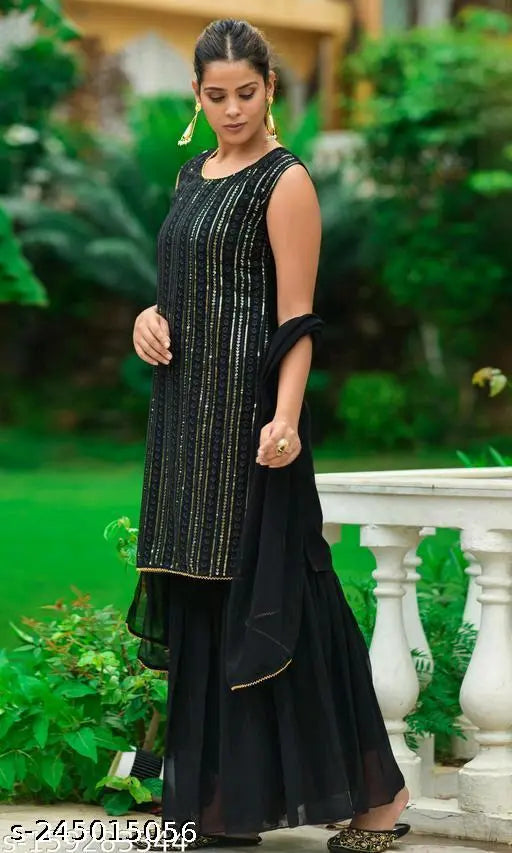 Black Georgette Sequined Sharara Set with Dupatta, Indian women's fashion, georgette material