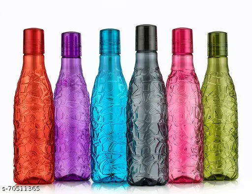 Multicolor ZIGZAG-shape plastic drinking water bottles, 1000ml each (Pack of 6) for fridge storage and outdoor use