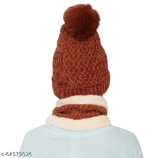 Velvet touch woolen cap & scarf set, soft fur inside, warm & fashionable winter accessory for girls/ladies
