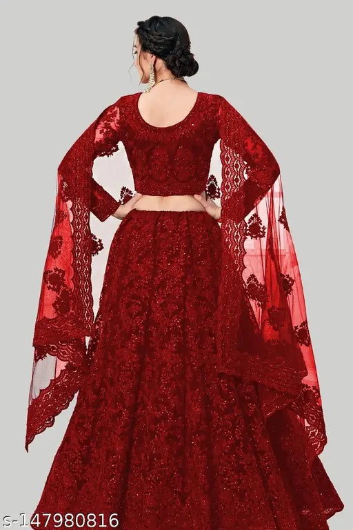 Red embroidered semi-stitched net lehenga choli set with matching dupatta, intricately handcrafted Indian bridal wear