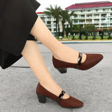 Brown textile pumps: colorblocked, closed back, mid-height block heel for versatile wear and all-day comfort - India