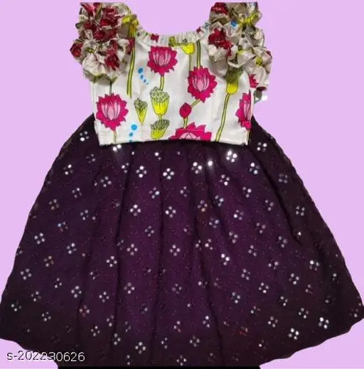 Baby Girls New Latest Rayon-Lengha Choli with Satin Top, short sleeves, embroidered pattern, stitched, printed top. Indian traditional girls outfit on model