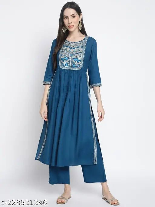 Rayon ethnic kurti Plazo set in blue and red, embroidered A-line style with three-quarter sleeves. Perfect for all occasions, hand-washable