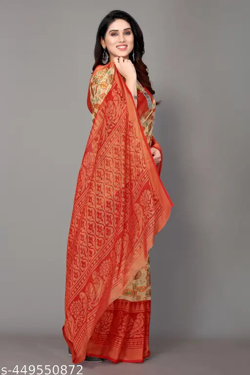 Red chiffon Brasso printed saree with unstitched blouse piece for wedding, fancy stylish chiffon sarees from Winza Designer