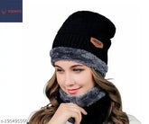 Black wool VOONTO Women's Beanie Winter Hat Scarf Set - Thick knit, fur pattern, ideal for outdoor activities like hiking, skiing, cycling
