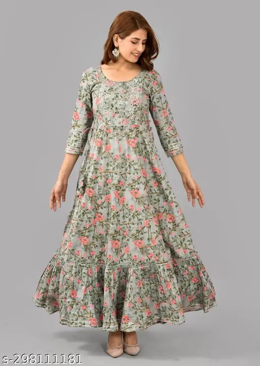 Embroidered cotton Anarkali Kurta, full-length women's style. Printed combo, three-quarter sleeves. Indian craftsmanship