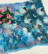 Georgette silk saree with printed pattern and unstitched blouse, daily wear for women under $300