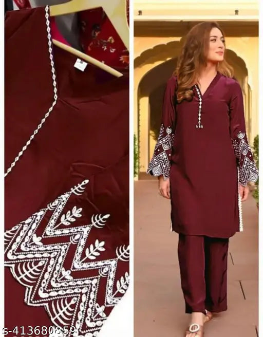 Marron Pakistani Chikankari coord set with embroidered kurta and pants, viscose rayon fabric, three-quarter sleeves, single size available
