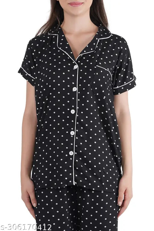 Black Rayon Printed Polka Dot Night Suit for Girls (Lower and Top) - ARUSHI - Stylish comfort for sleepwear
