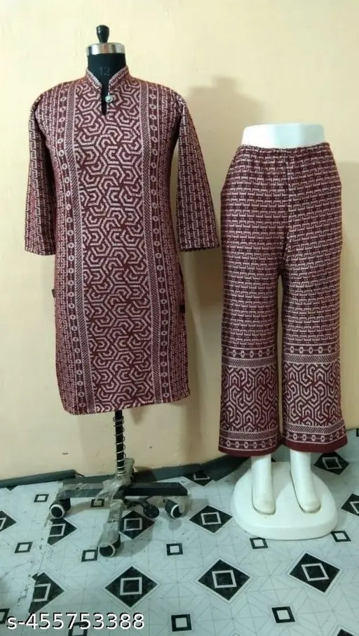 Maroon wool three-quarter sleeve printed combo set M (bust 38in, length 40in), Indian handcrafted fashion apparel