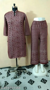 Maroon wool three-quarter sleeve printed combo set M (bust 38in, length 40in), Indian handcrafted fashion apparel