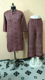Maroon wool three-quarter sleeve printed combo set M (bust 38in, length 40in), Indian handcrafted fashion apparel