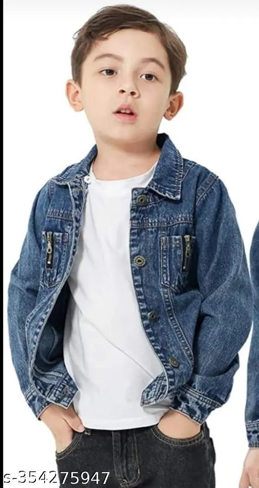 Denim solid boy zip jacket, long sleeves for kids' fashion, made in India