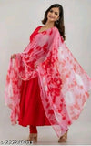 Red chiffon gown with three-quarter sleeves, solid pattern. Women's eveningwear from India, available in sizes M, L, XL, XXL