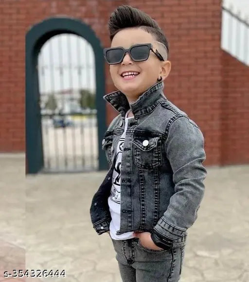 Black denim lion jacket, long sleeves, dyed/washed pattern. Perfect for kids' fashion (ages 2-8), made in India