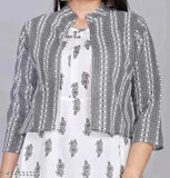 Black rayon kurta set with attached jacket, three-quarter sleeves, gold print, round neck, full-length design, latkan detail, available in M, L, XL sizes (Bust Size 38in/40in/42in; Size Length 48in)