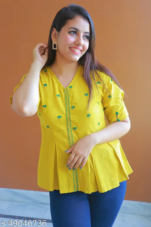 Mustard cotton women's casual top, short sleeves, office-ready, lightweight, breathable, hypoallergenic