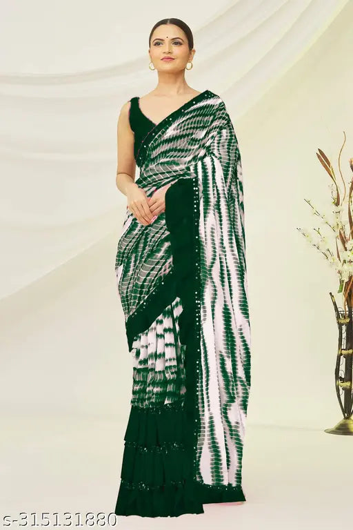 Lime Shibori Print Georgette Laxmi Saree - Indian ethnic daily wear with ruffle lace border and sequin details, new arrival 2023