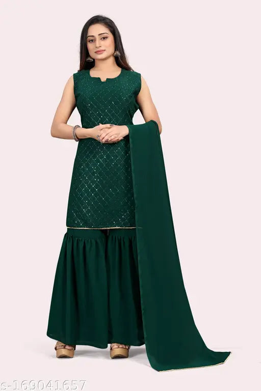 Green Georgette Kurta & Sharara Set with Embellishments - Traditional Indian Women's Wear for Special Occasions (Nylon Fabric)