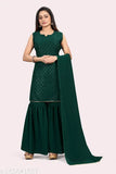 Green Georgette Kurta & Sharara Set with Embellishments - Traditional Indian Women's Wear for Special Occasions (Nylon Fabric)