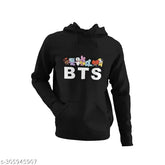 Maxall BTS unisex black cotton hoodie for kids & teens, stylish print design on long sleeves