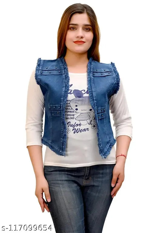 Garcestylish denim jacket, sleeveless, solid print for girls aged 11-16. Vibrant colors, made in India